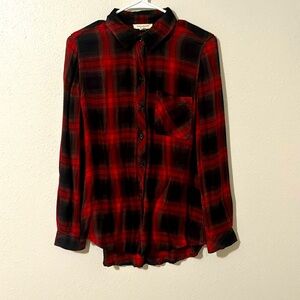 Red and black plaid button up , Size Medium, 100% Rayon.